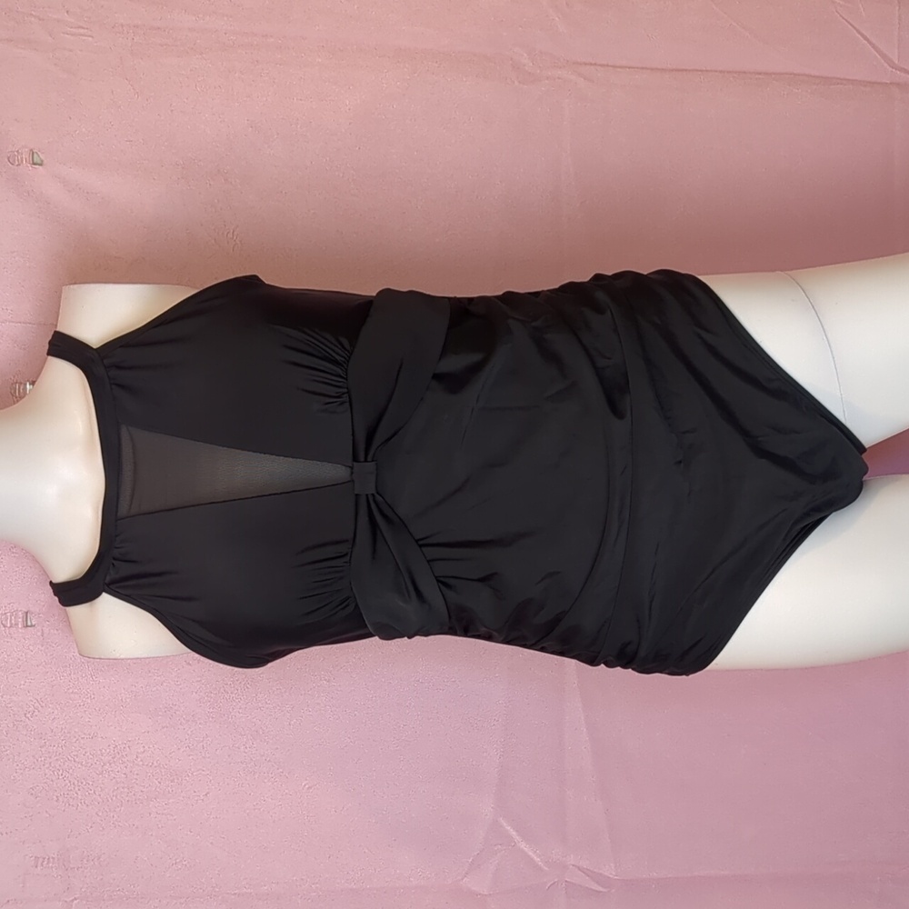 Black Sheer Mesh Bow Front Ruched One Piece Swimsuit size Large